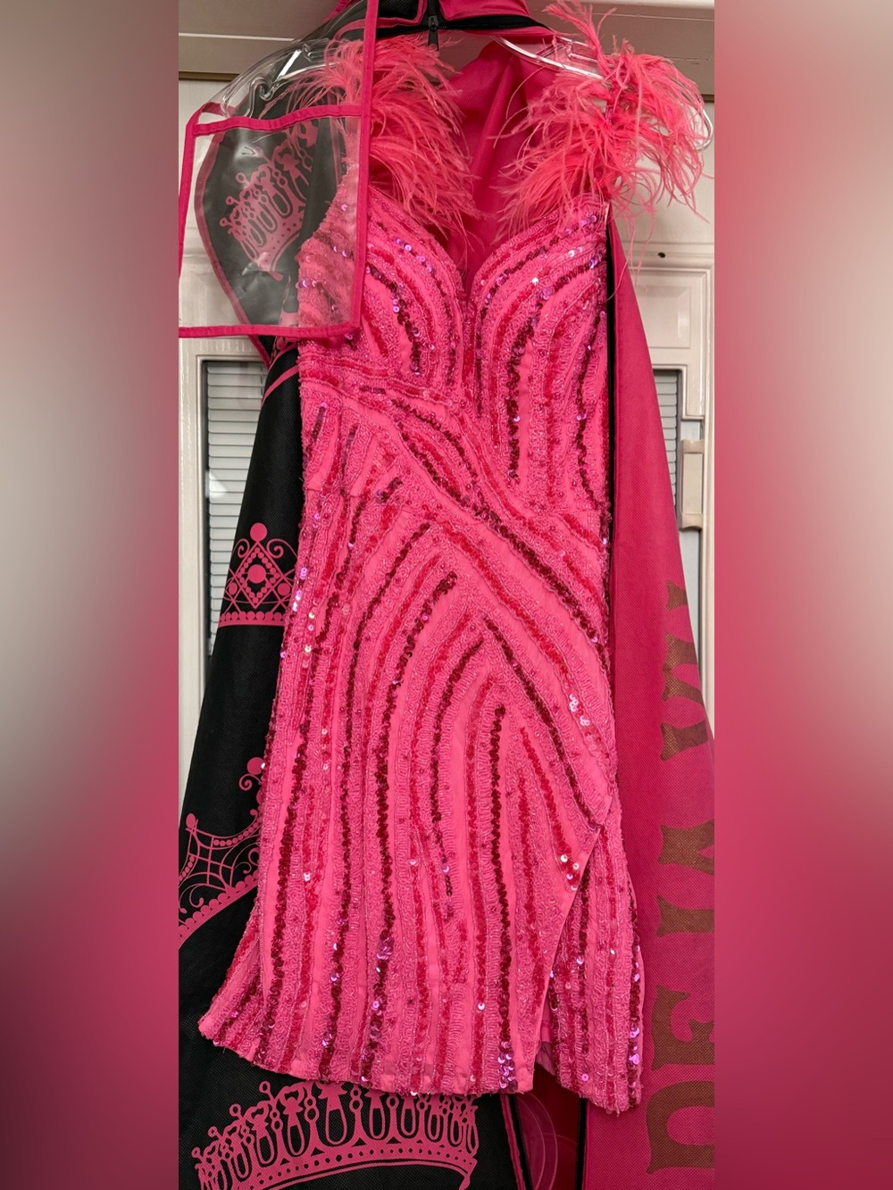 Hot Pink Sequin Strapless Prom Dress